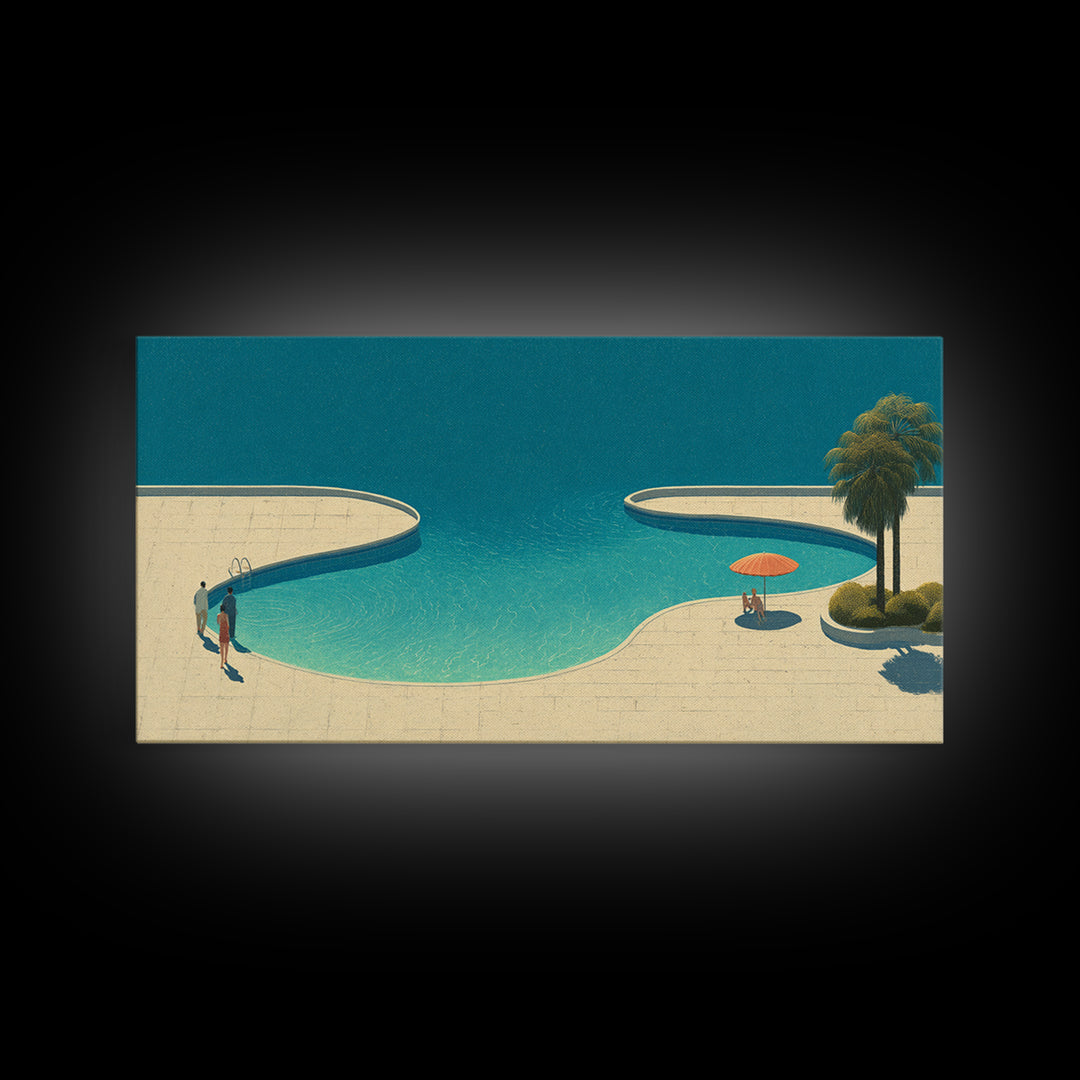 Serene Lagoon Pool With Palm And Umbrella Framed Canvas Print, Mid Century Modern Wall Decor, Retro Coastal Resort Art Poster