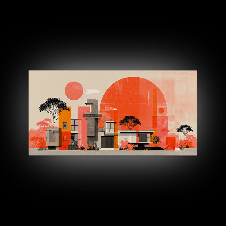 Orange Modernist Architecture And Red Sun Wall Art, Mid Century Modern Decor, Abstract Desert Print, Bauhaus Style Poster
