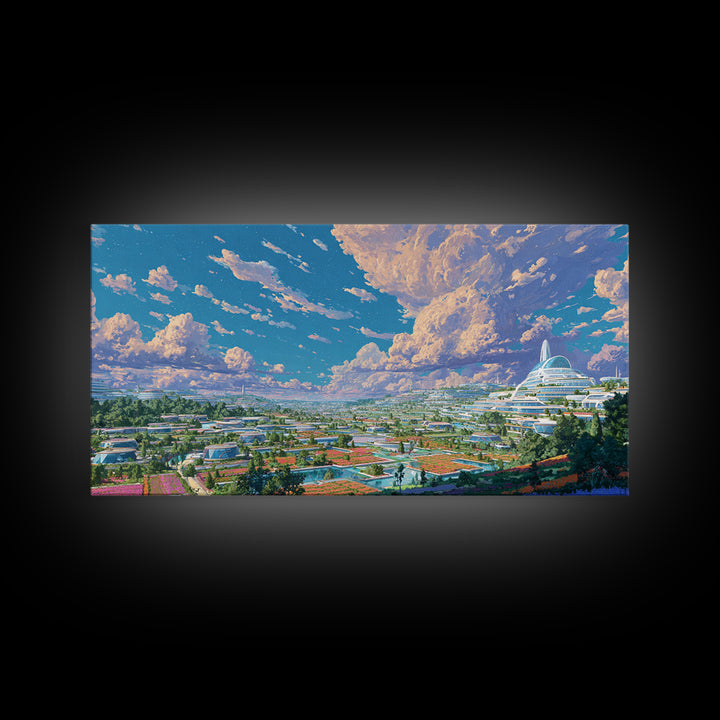 Futuristic Eco City Under Big Clouds Canvas Print, Sci Fi Landscape Wall Decor, Modern Utopia Poster, Panoramic Home Art