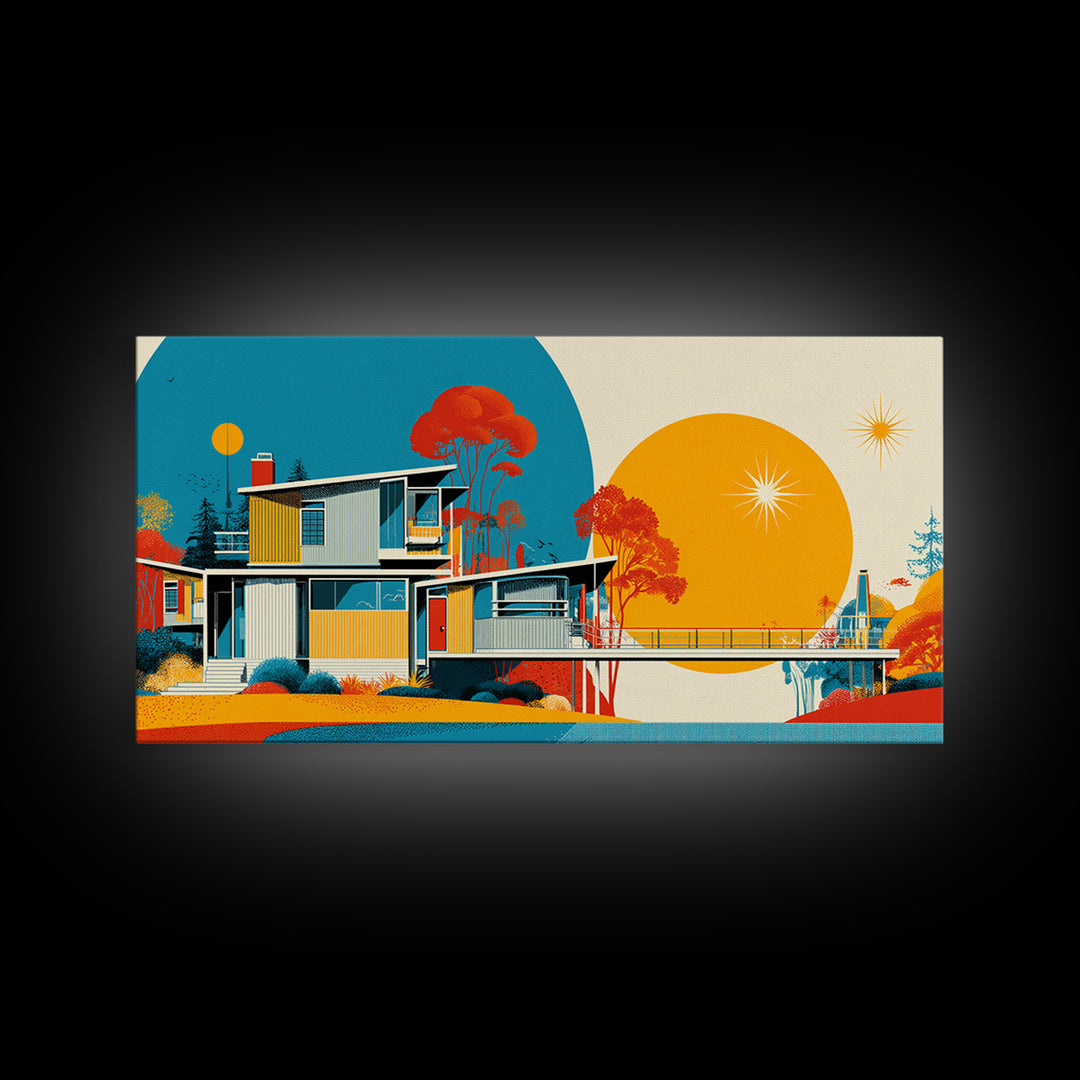 Midcentury House With Teal Arch And Golden Sun Wall Art, Mid Century Modern Decor, Retro Geometric Poster, Orange Print Gift