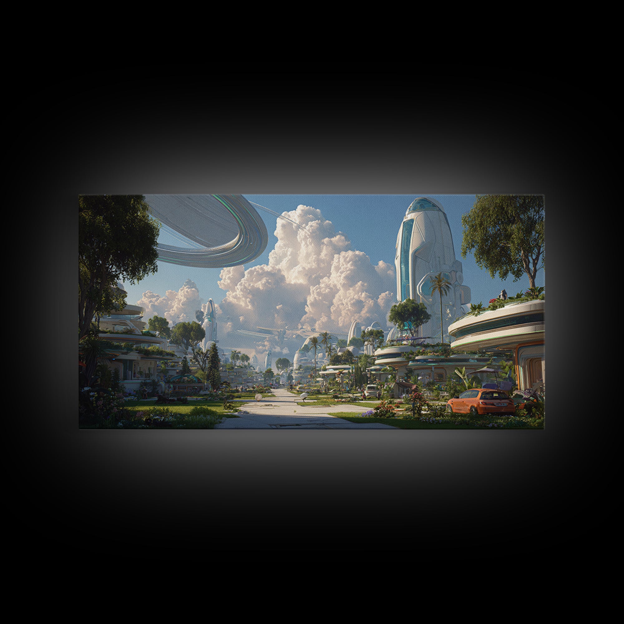 Futuristic Garden City With Rings And Towers Canvas Print, Sci Fi Wall Decor, Modern Landscape Poster, Eco Utopia Home Art