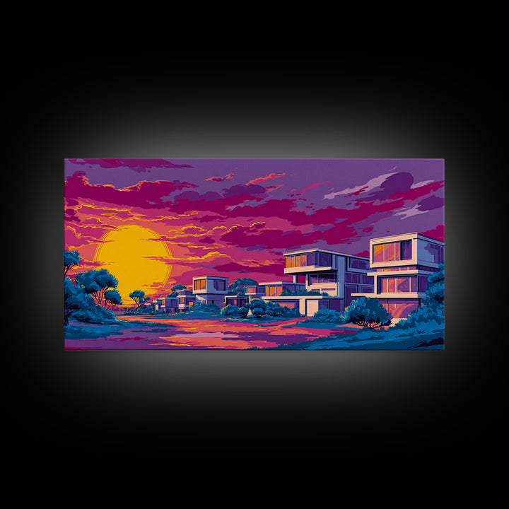 Vibrant Sunset Midcentury Homes Wall Art, Retro Modern Landscape Print, Palm Springs Decor, Colorful MCM Living Room Art