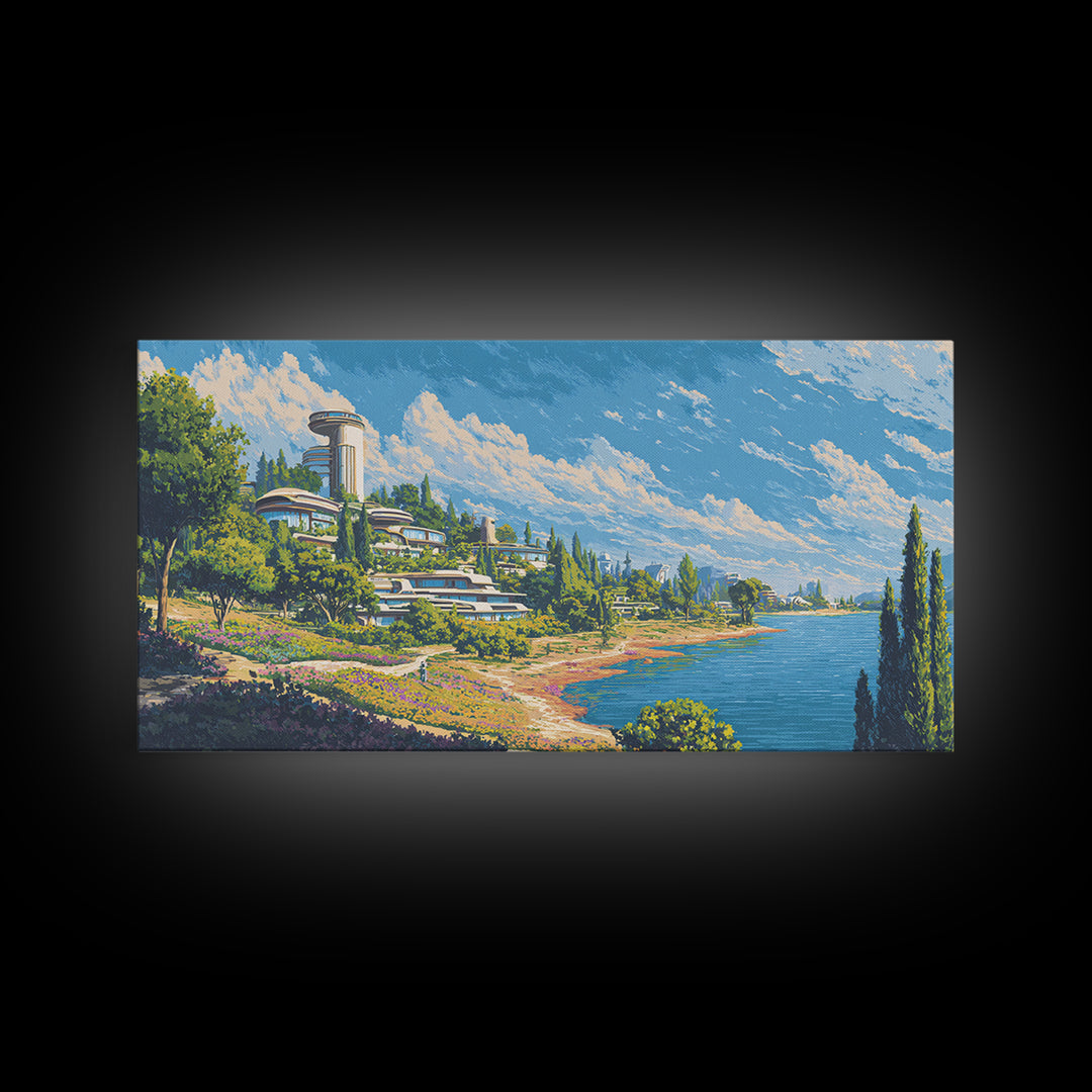 Sunny Lake Como Futuristic Villas Framed Canvas Print, Midcentury Modern Wall Art, Scenic Travel Poster, Blue Home Decor Print