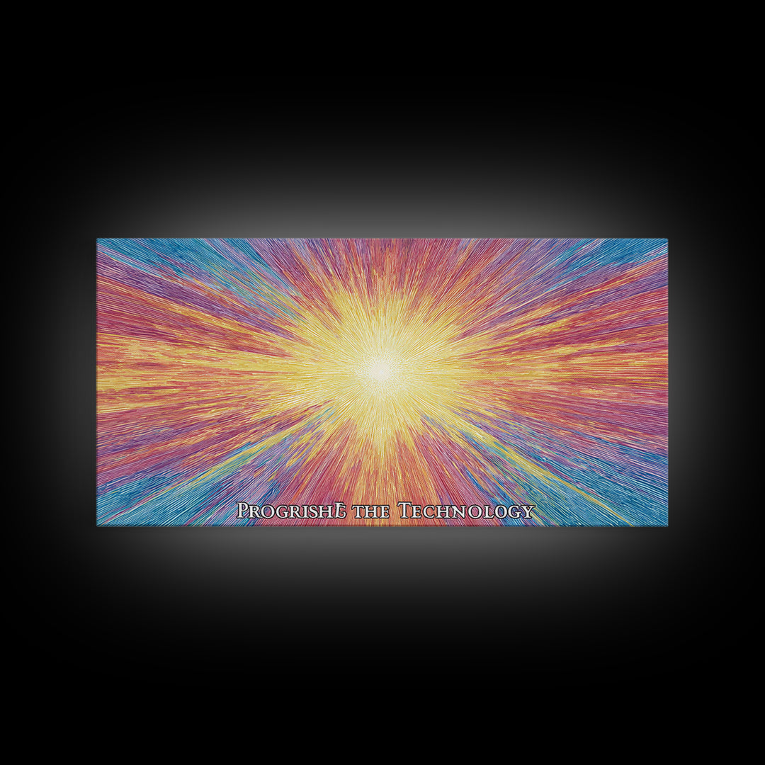 Golden Progress Technology Sunburst Wall Art, Psychedelic Op Art Print, Retro Futuristic Poster, Colorful Office Decor Gift