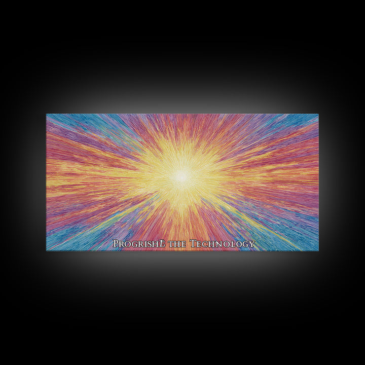 Golden Progress Technology Sunburst Wall Art, Psychedelic Op Art Print, Retro Futuristic Poster, Colorful Office Decor Gift