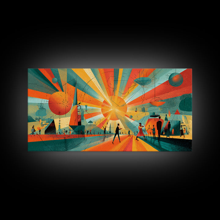 Futuristic Orange Teal City Plaza Framed Canvas Print, Atomic Midcentury Modern Wall Art, Geometric Retro Decor Poster Print