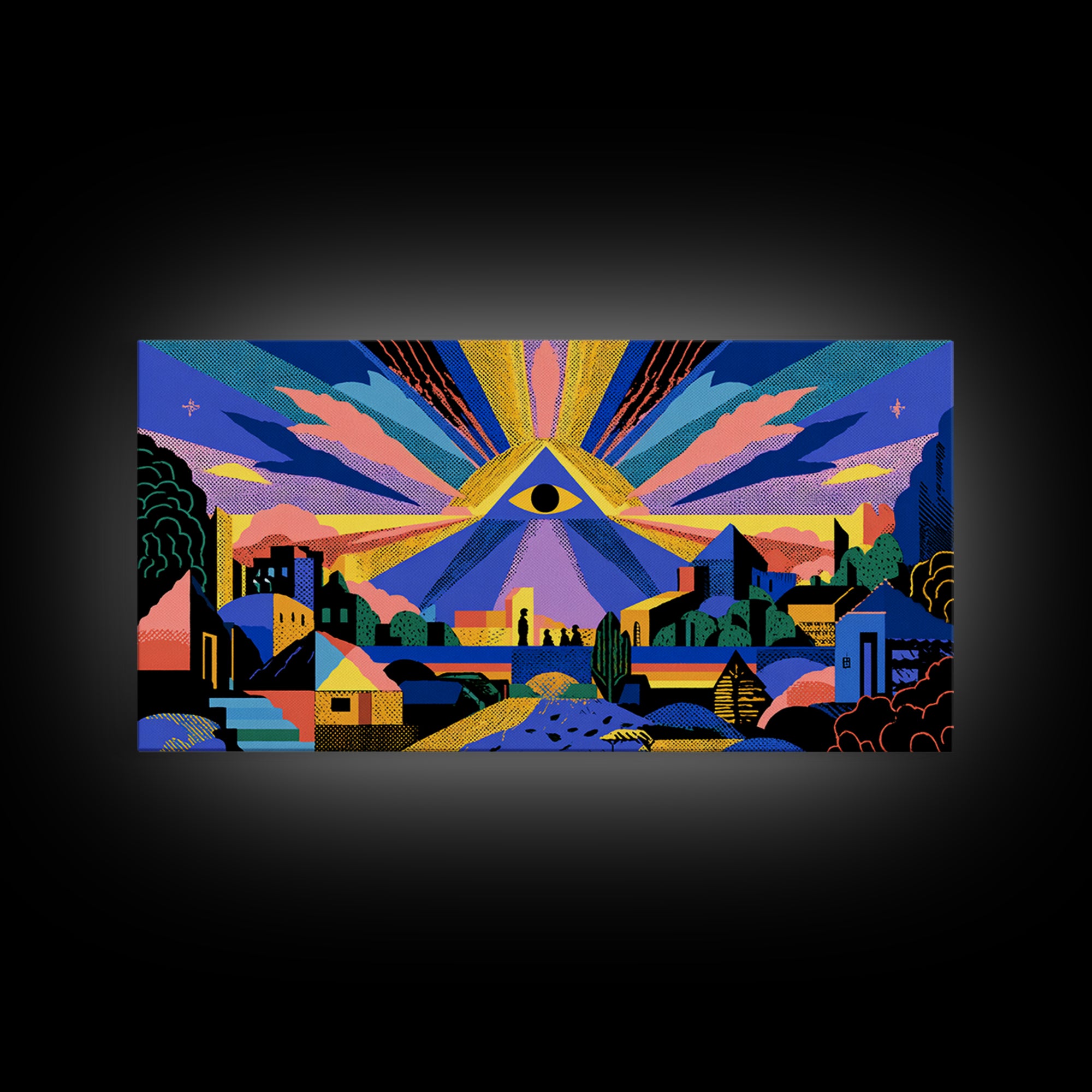 All Seeing Eye Over Colorful City Wall Art, Spiritual Midcentury Modern Print, Psychedelic Retro Poster, Mystical Decor Gift