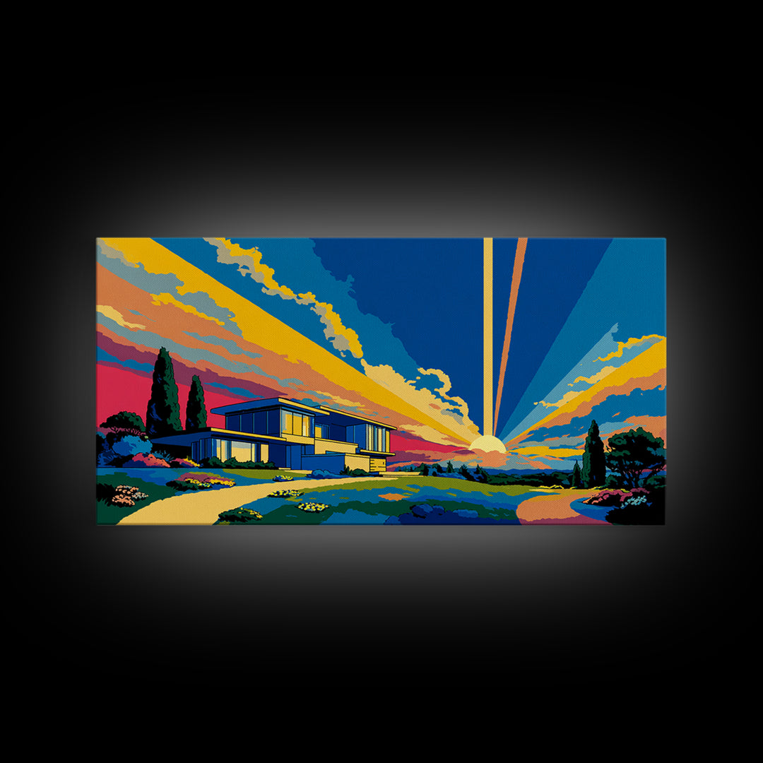 Modernist Home At Sunset Framed Canvas Print, Midcentury Modern Wall Art, Palm Springs Architecture Decor, MCM Poster Print