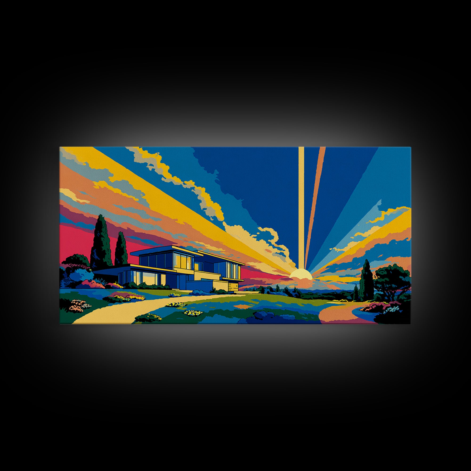 Modernist Home At Sunset Framed Canvas Print, Midcentury Modern Wall Art, Palm Springs Architecture Decor, MCM Poster Print