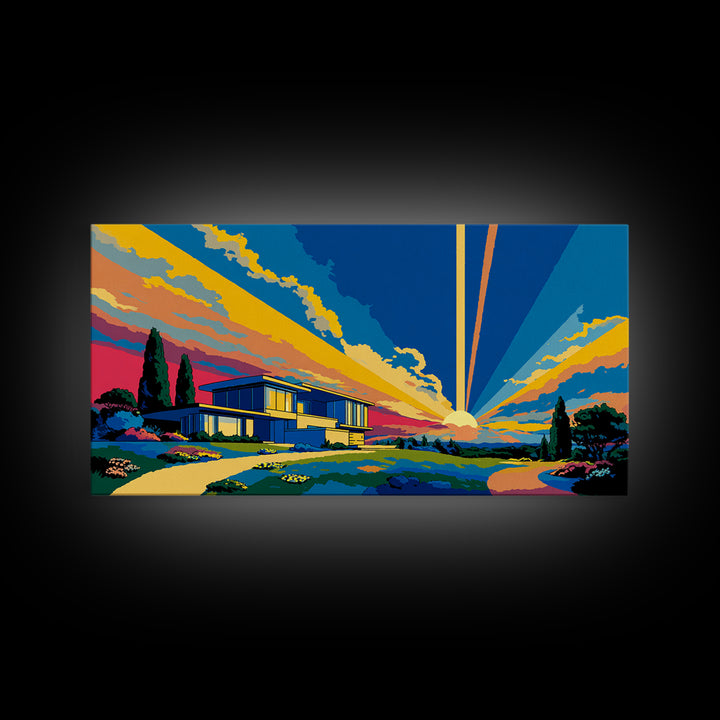 Modernist Home At Sunset Framed Canvas Print, Midcentury Modern Wall Art, Palm Springs Architecture Decor, MCM Poster Print