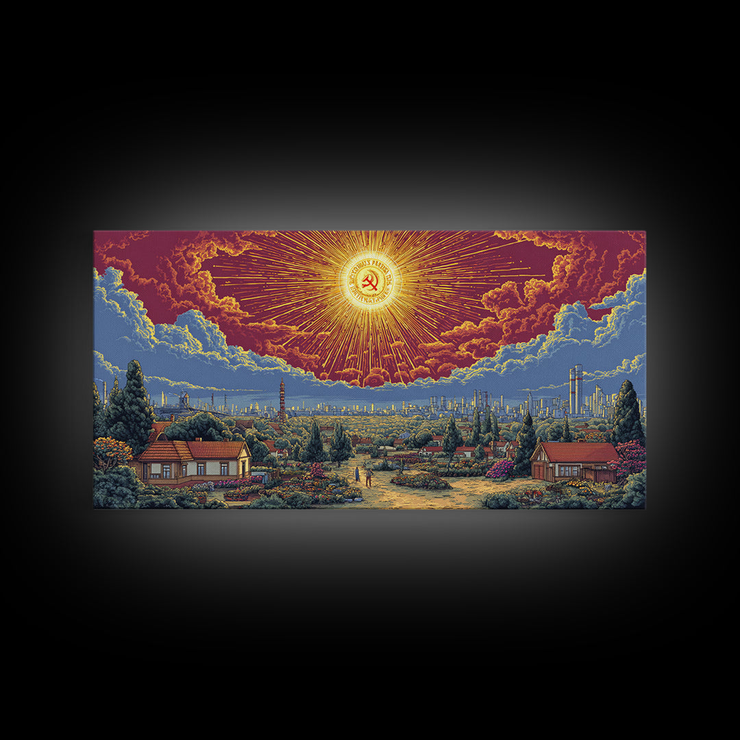 Radiant Socialist Sunrise Over Garden City Wall Art, Retro Futurist Poster, Midcentury Modern Decor, Bold Landscape Print
