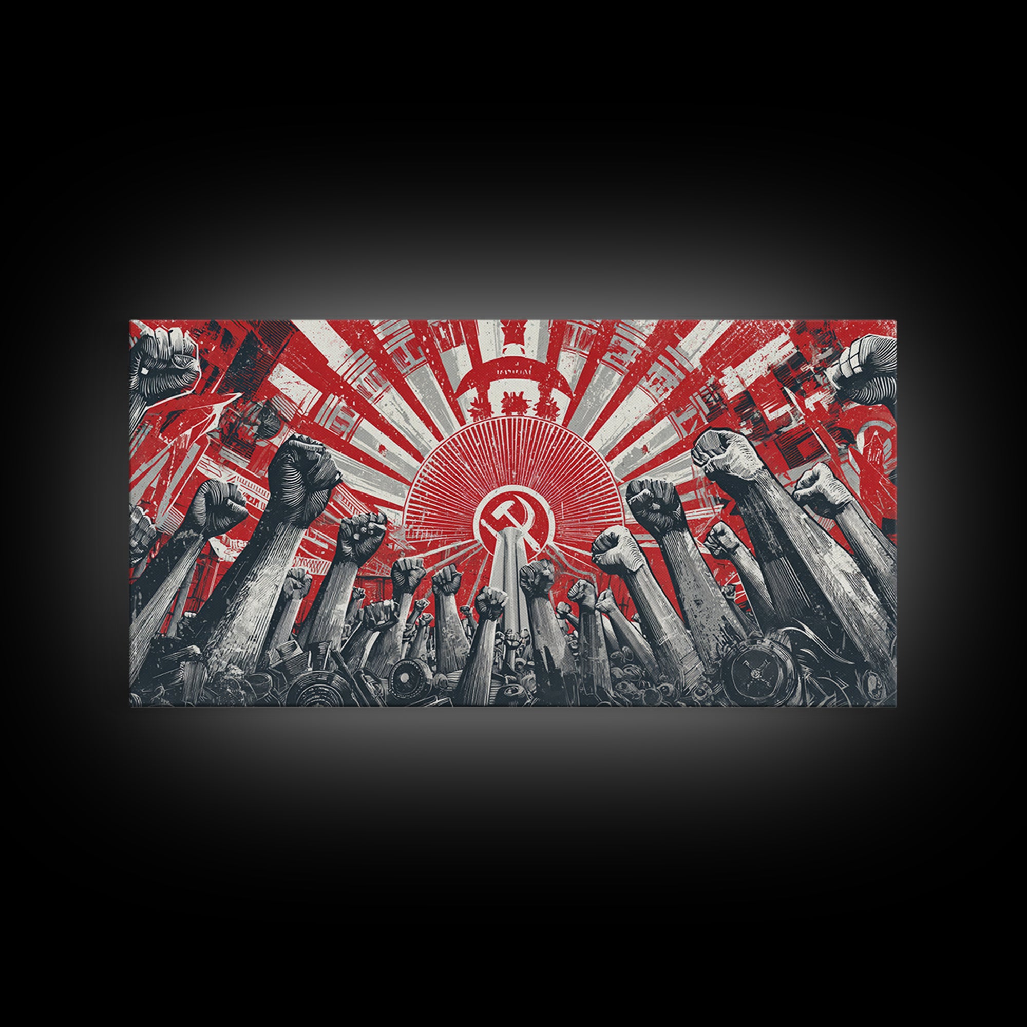 Raised Fists Revolutionary Sunburst Wall Art, Red Black Retro Poster, Midcentury Modern Decor, Bold Graphic Protest Print