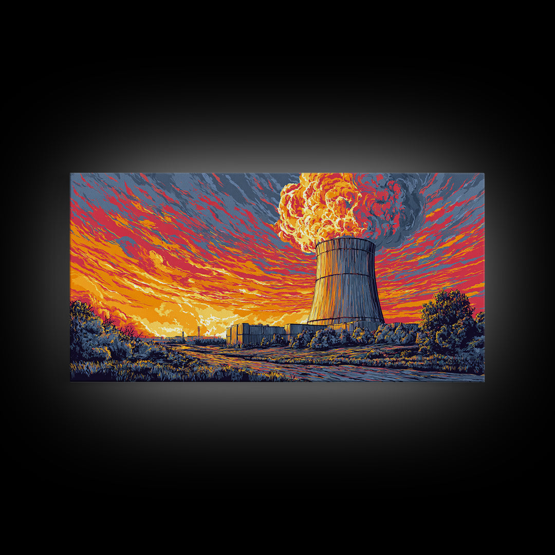 Fiery Nuclear Cooling Tower Sunset Canvas Print, Industrial Retro Futurist Poster, Midcentury Modern Wall Decor, Orange Sky Art