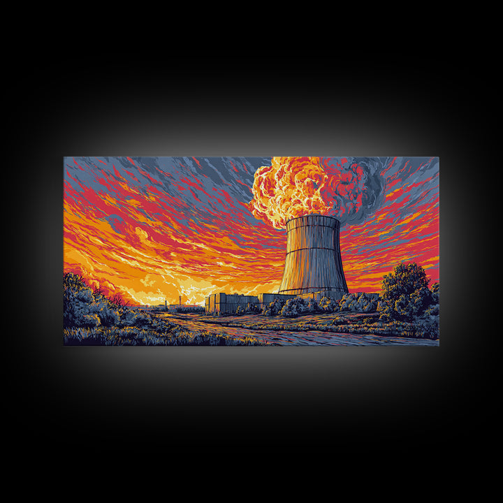 Fiery Nuclear Cooling Tower Sunset Canvas Print, Industrial Retro Futurist Poster, Midcentury Modern Wall Decor, Orange Sky Art