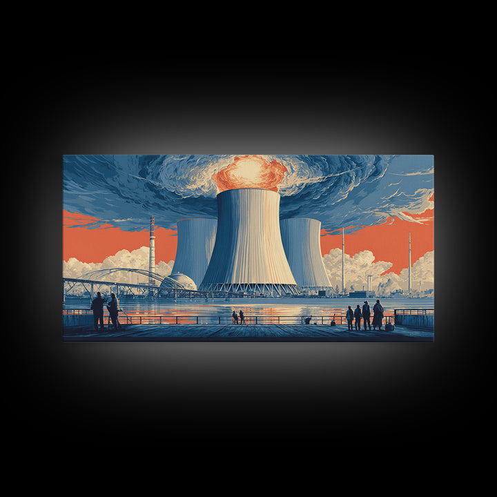 Waterfront Nuclear Power Station Framed Canvas Print, Retro Futurist Industrial Poster, Midcentury Modern Wall Art Decor
