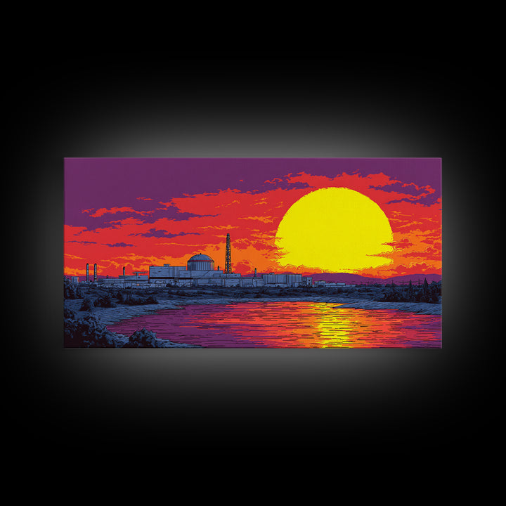Purple Sunset Nuclear Plant Canvas Print, Retro Futurist Industrial Poster, Midcentury Modern Wall Art, Orange Lake Decor
