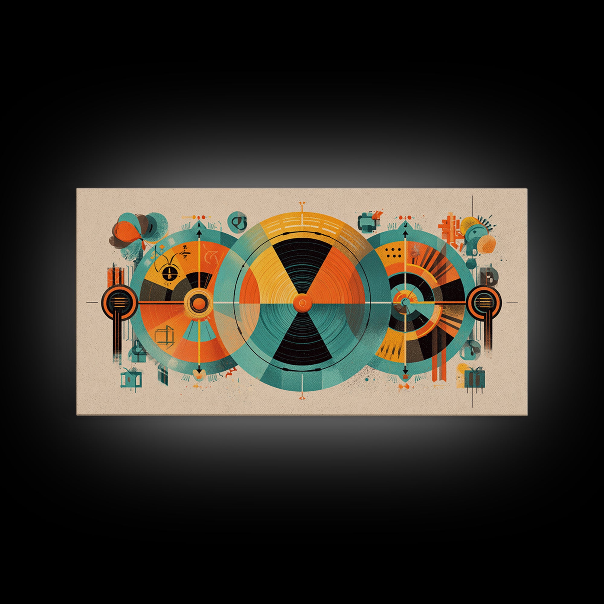 Abstract Atomic Circles And Teal Orange Geometry Wall Art, Bauhaus Midcentury Modern Decor, Retro Geometric Poster Print