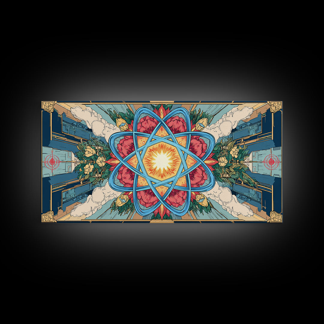 Ornate Atomic Starburst Kaleidoscope Framed Canvas Print, Symmetrical Retro Futurist Poster, Midcentury Modern Wall Art Decor