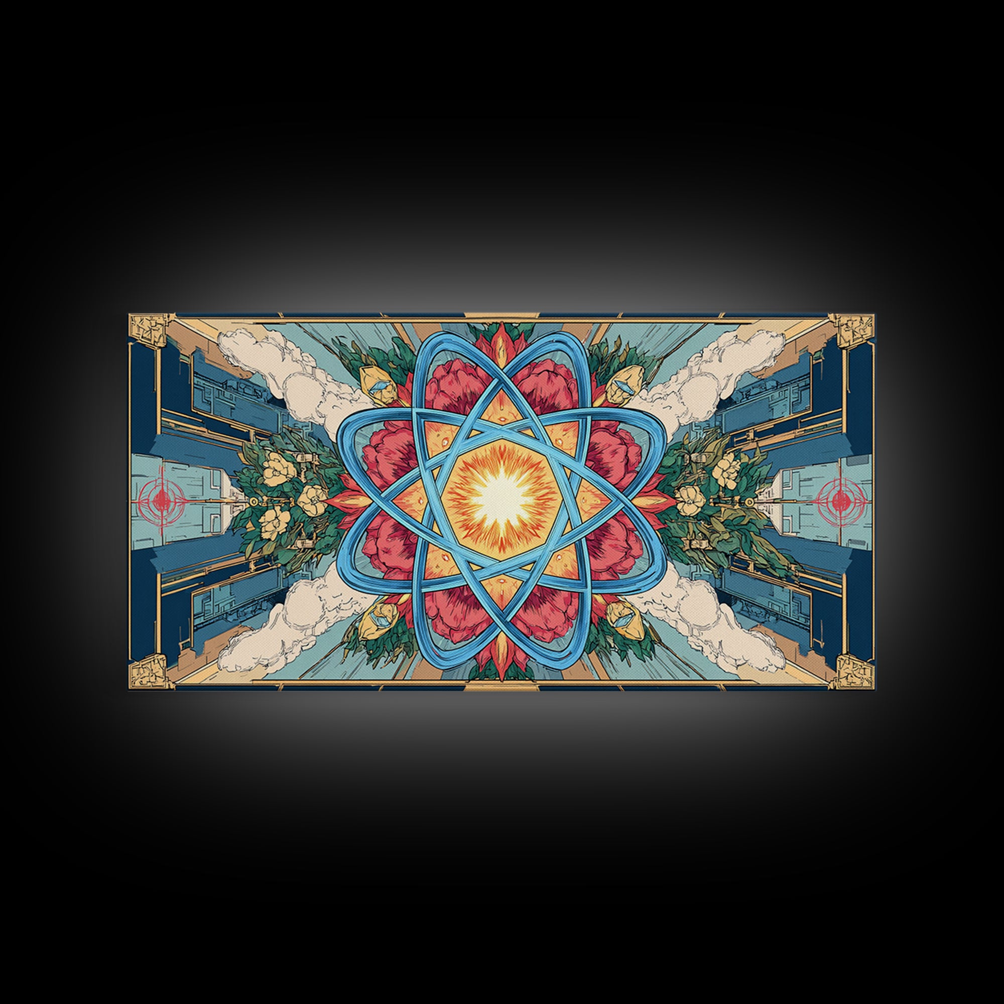 Ornate Atomic Starburst Kaleidoscope Framed Canvas Print, Symmetrical Retro Futurist Poster, Midcentury Modern Wall Art Decor