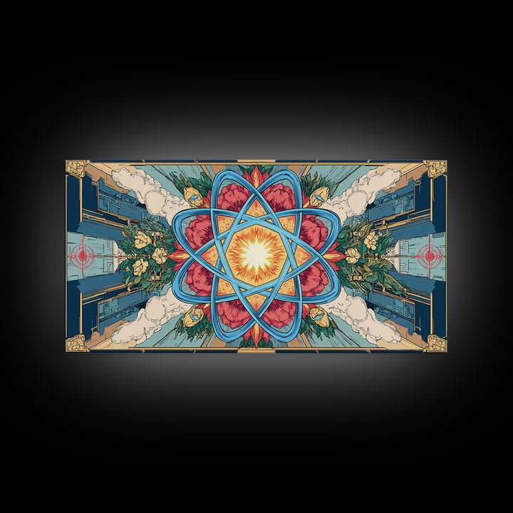 Ornate Atomic Starburst Kaleidoscope Framed Canvas Print, Symmetrical Retro Futurist Poster, Midcentury Modern Wall Art Decor