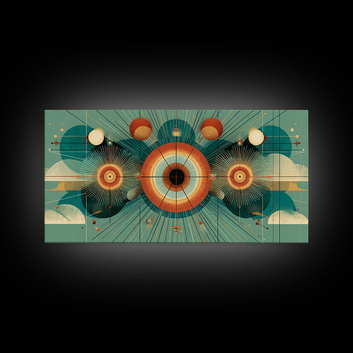 Cosmic Eye With Planets And Sunbursts Wall Art, Atomic Retro Futurist Poster, Midcentury Modern Geometric Teal Decor Print