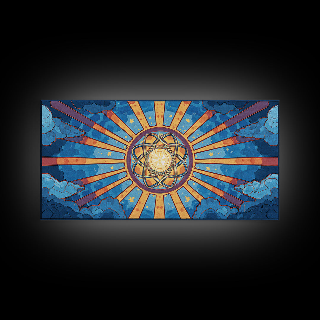Celestial Atomic Starburst In Blue Clouds Canvas Print, Retro Futurist Midcentury Modern Wall Art, Geometric Poster Decor