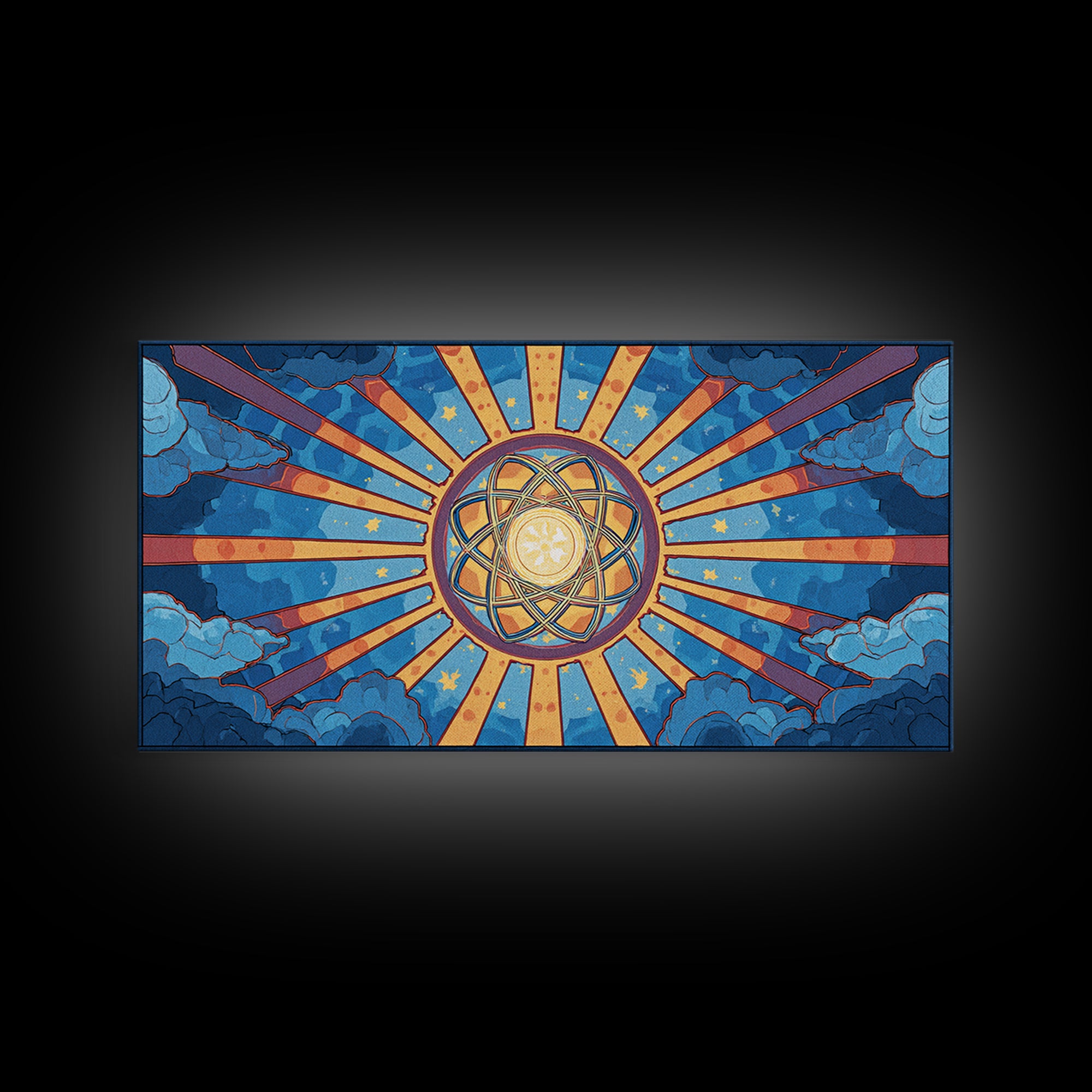 Celestial Atomic Starburst In Blue Clouds Canvas Print, Retro Futurist Midcentury Modern Wall Art, Geometric Poster Decor