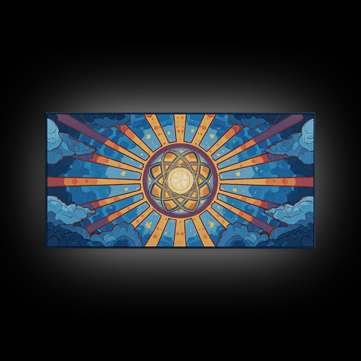 Celestial Atomic Starburst In Blue Clouds Canvas Print, Retro Futurist Midcentury Modern Wall Art, Geometric Poster Decor