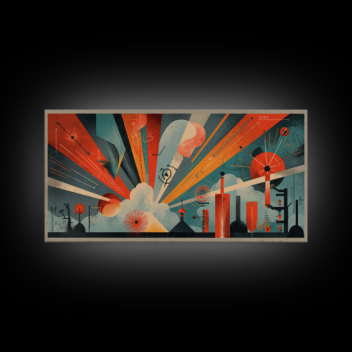 Atomic Orange Teal Geometric Burst Wall Art, Midcentury Modern Decor, Retro Abstract Art Print, Bauhaus Office Home Decor