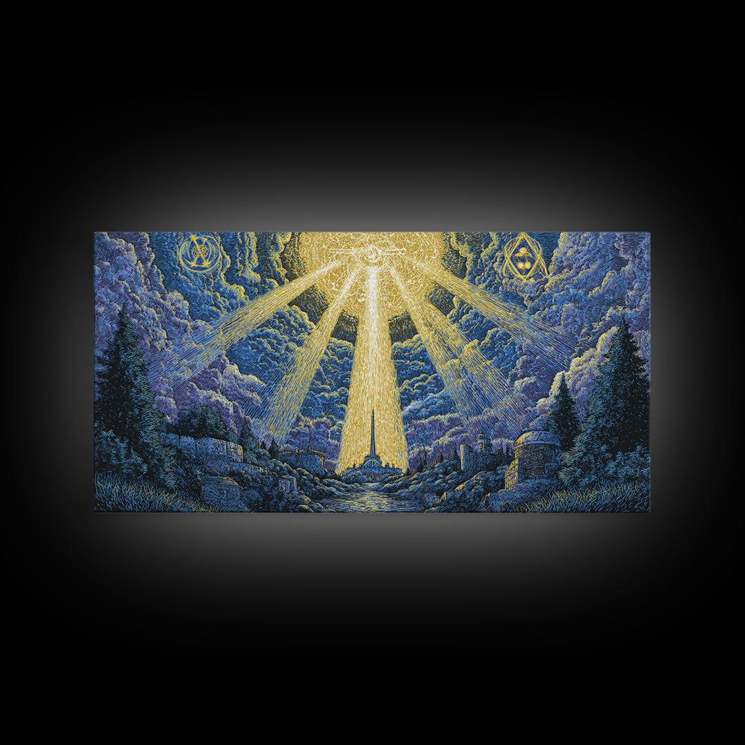 Mystic Mountain Valley With Divine Light Framed Canvas Print, Spiritual Wall Art, Blue Nature Decor, Celestial Home Office