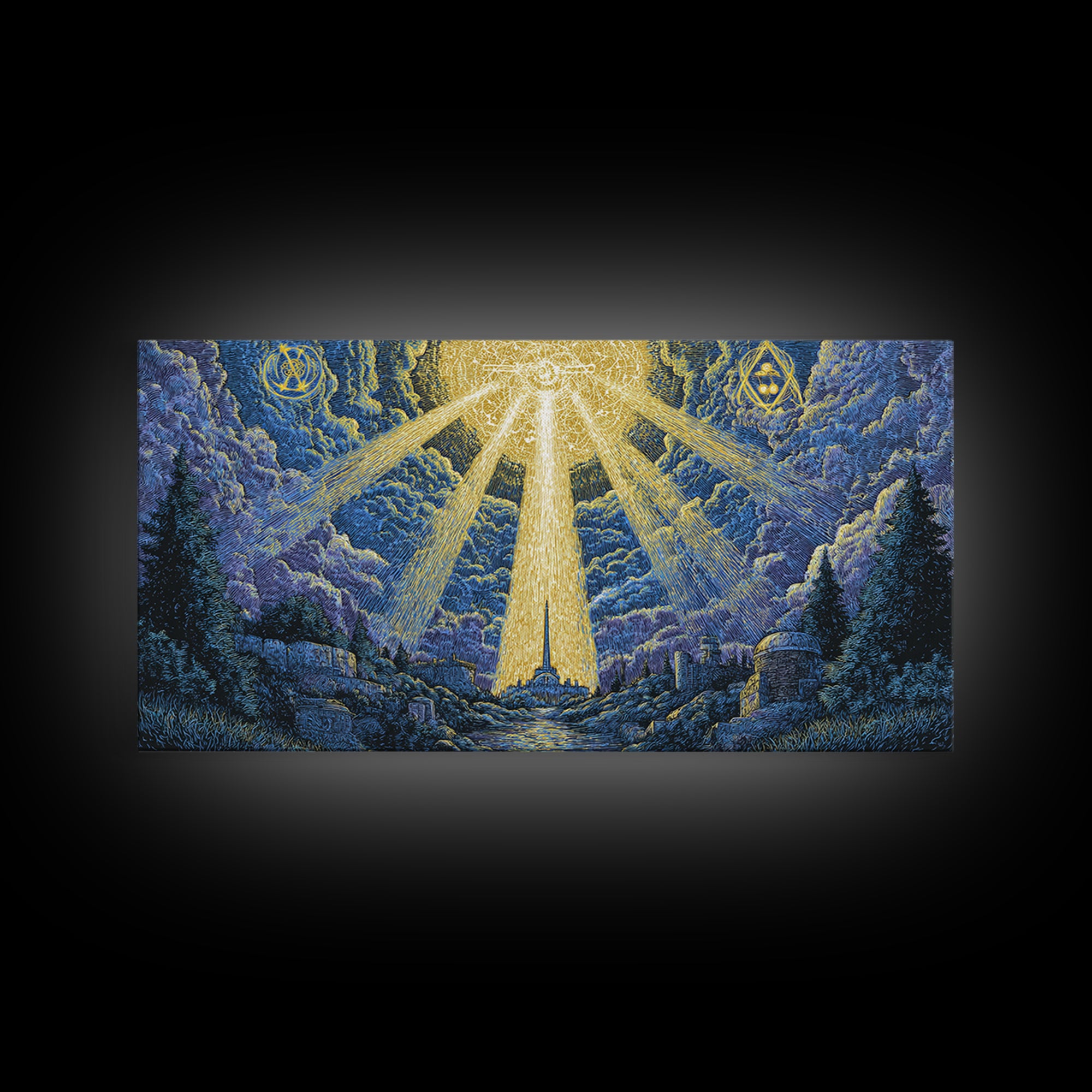 Mystic Mountain Valley With Divine Light Framed Canvas Print, Spiritual Wall Art, Blue Nature Decor, Celestial Home Office