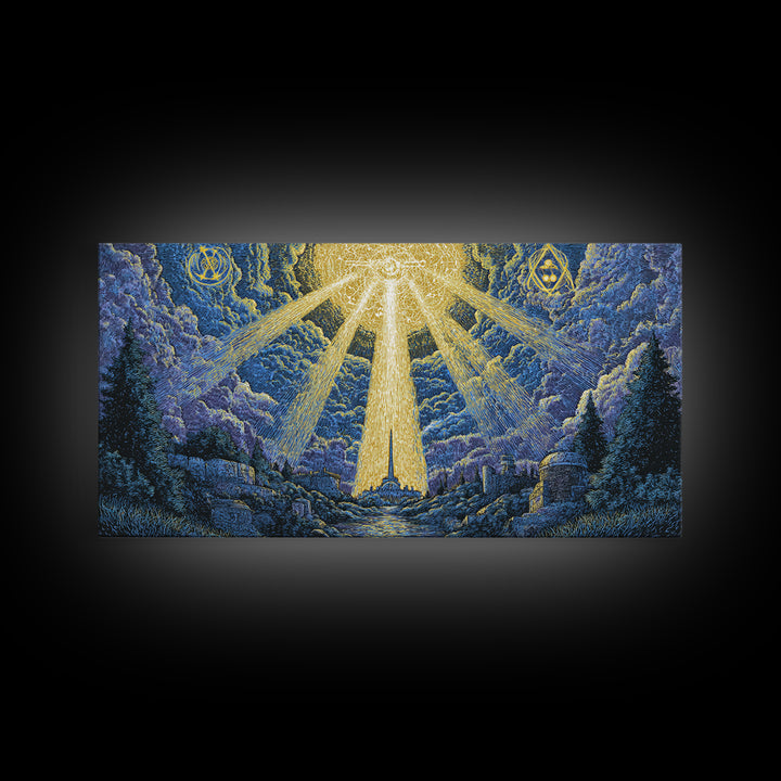 Mystic Mountain Valley With Divine Light Framed Canvas Print, Spiritual Wall Art, Blue Nature Decor, Celestial Home Office