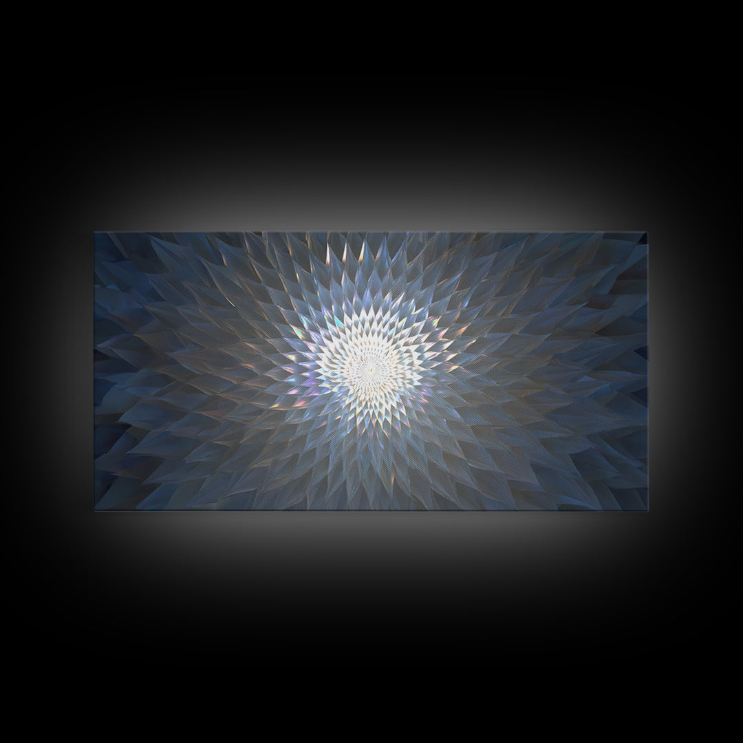 Blue Crystal Radial Mandala Framed Canvas Print, Modern Abstract Wall Art, Geometric Light Decor, Serene Home Office Decor