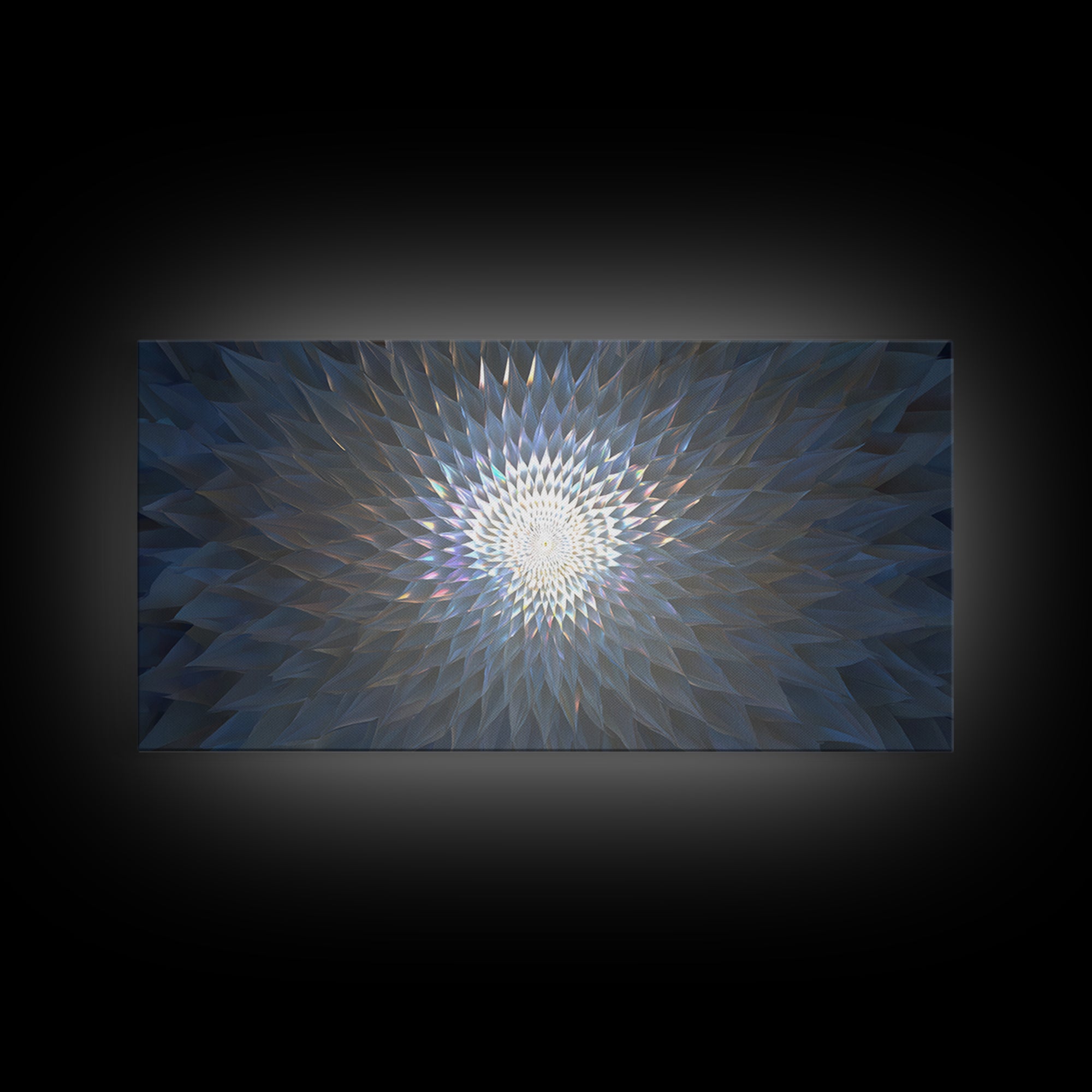 Blue Crystal Radial Mandala Framed Canvas Print, Modern Abstract Wall Art, Geometric Light Decor, Serene Home Office Decor