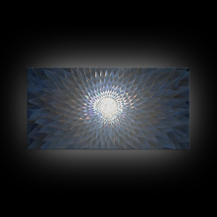 Blue Crystal Radial Mandala Framed Canvas Print, Modern Abstract Wall Art, Geometric Light Decor, Serene Home Office Decor