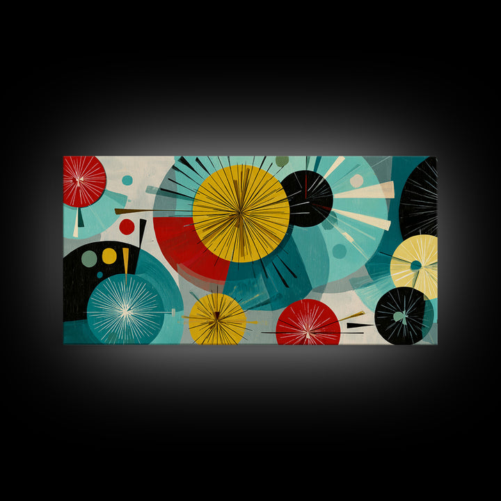 Teal Red Yellow Atomic Circles Wall Art, Midcentury Modern Abstract Art Print, Bauhaus Geometric Decor, Retro Home Office