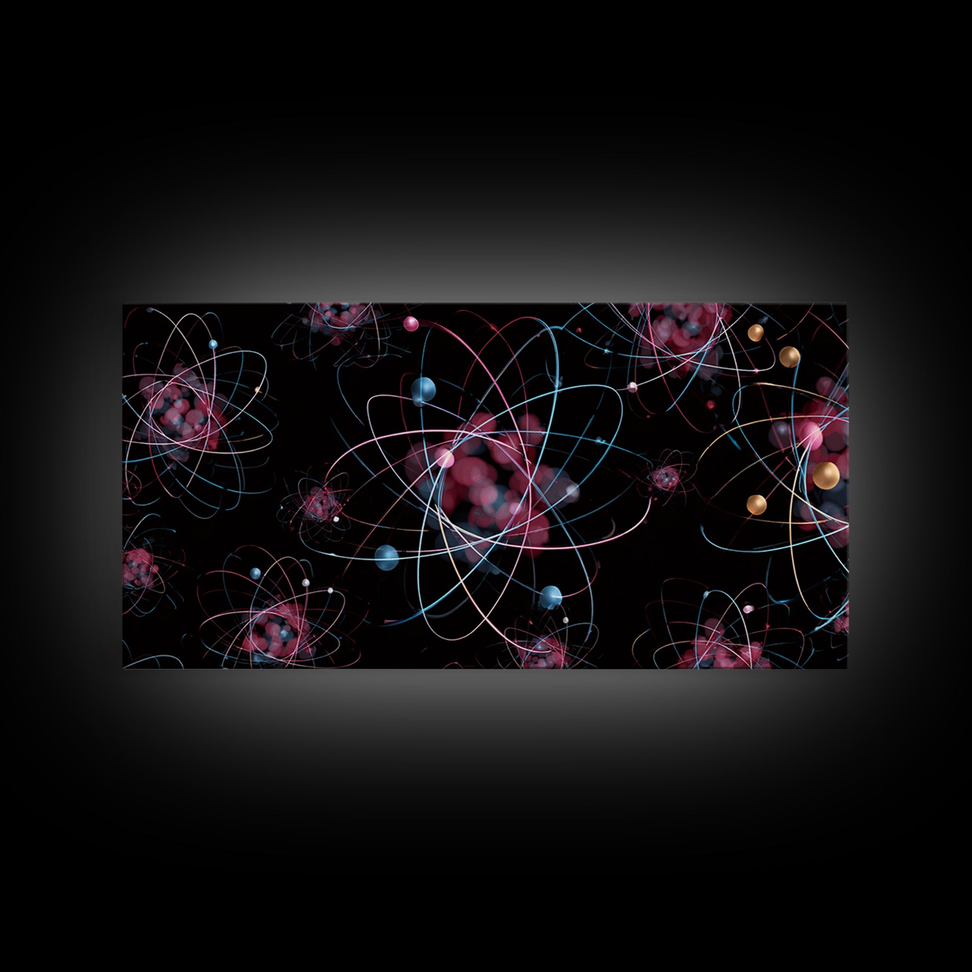 Glowing Pink Atomic Orbits On Black Wall Art, Midcentury Modern Abstract Print, Retro Space Decor, MCM Gallery Wall Home Decor