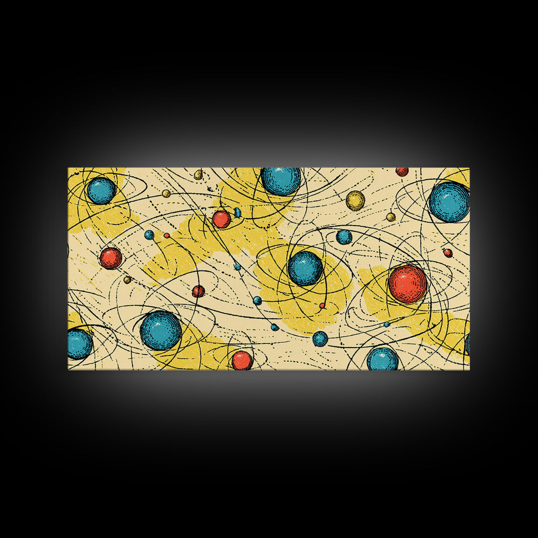 Yellow Blue Atomic Planets Wall Art, Midcentury Modern Abstract Print, Retro Space Poster, Geometric MCM Living Room Decor