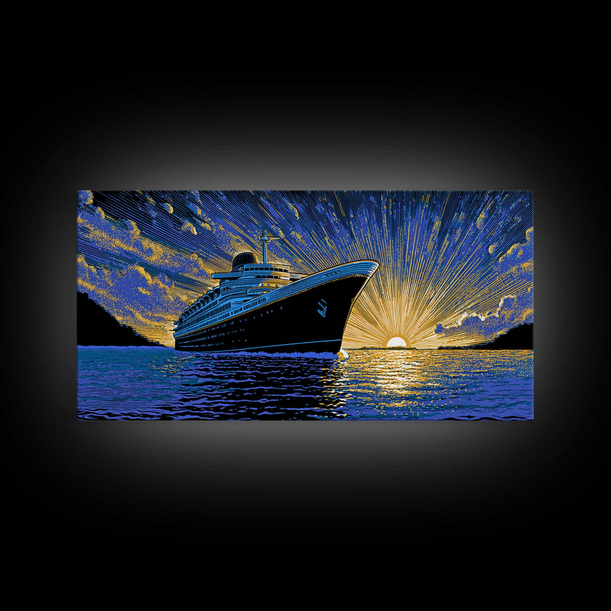 Dramatic Cruise Ship Sunset Canvas Print, Retro Travel Poster, Ocean Liner Wall Decor, Blue Gold Nautical Living Room Art