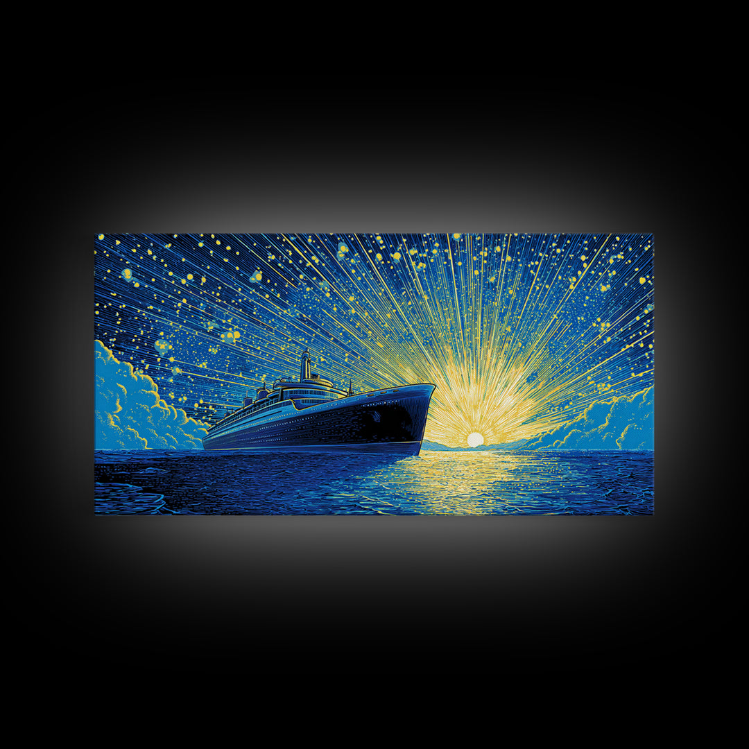Blue Cruise Ship Sunrise Wall Art, Retro Ocean Liner Poster, Nautical Coastal Decor, Dramatic Sunset Print For Living Room