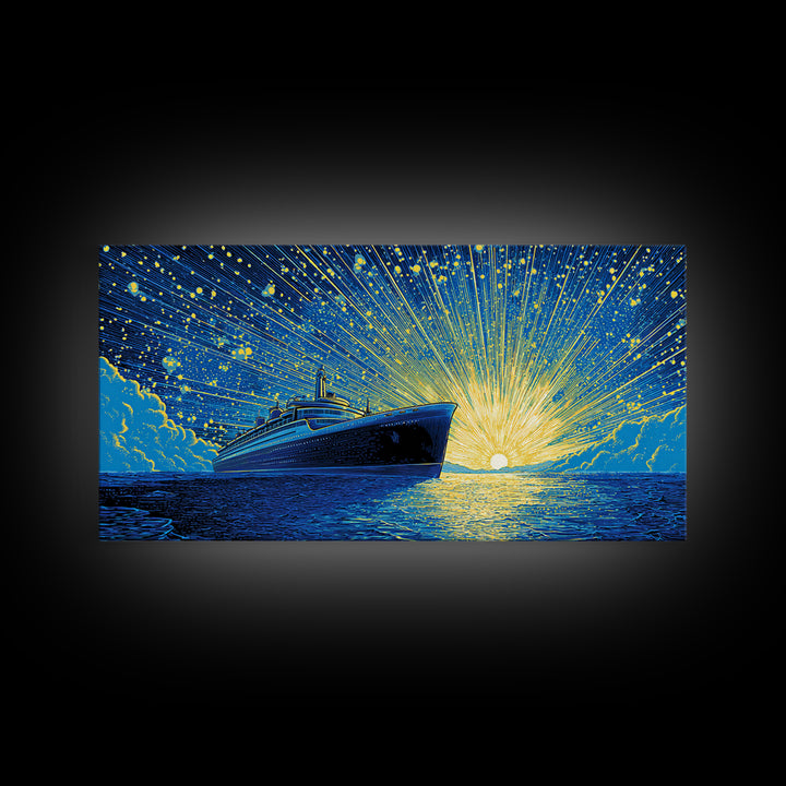 Blue Cruise Ship Sunrise Wall Art, Retro Ocean Liner Poster, Nautical Coastal Decor, Dramatic Sunset Print For Living Room