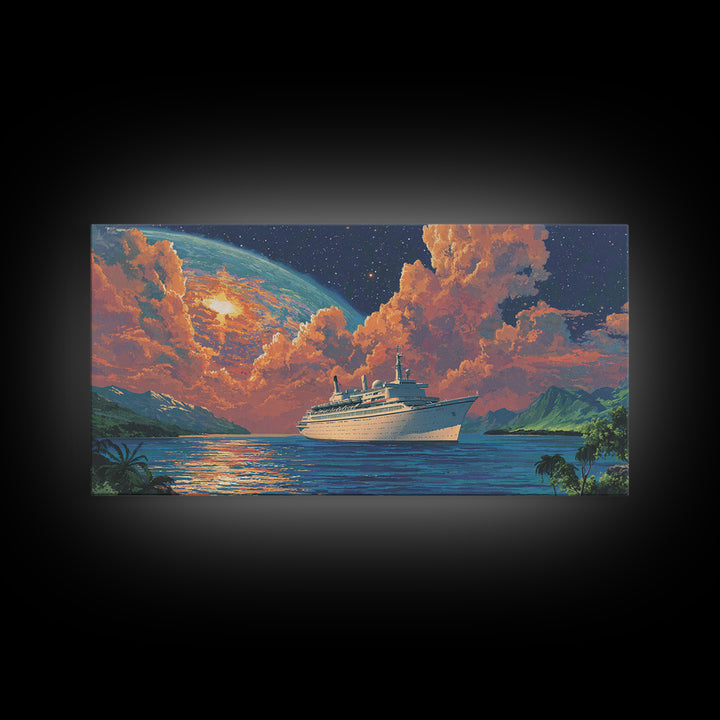 Tropical Cruise Ship Moonrise Wall Art, Dreamy Island Ocean Poster, Scenic Travel Print, Colorful Coastal Living Room Decor