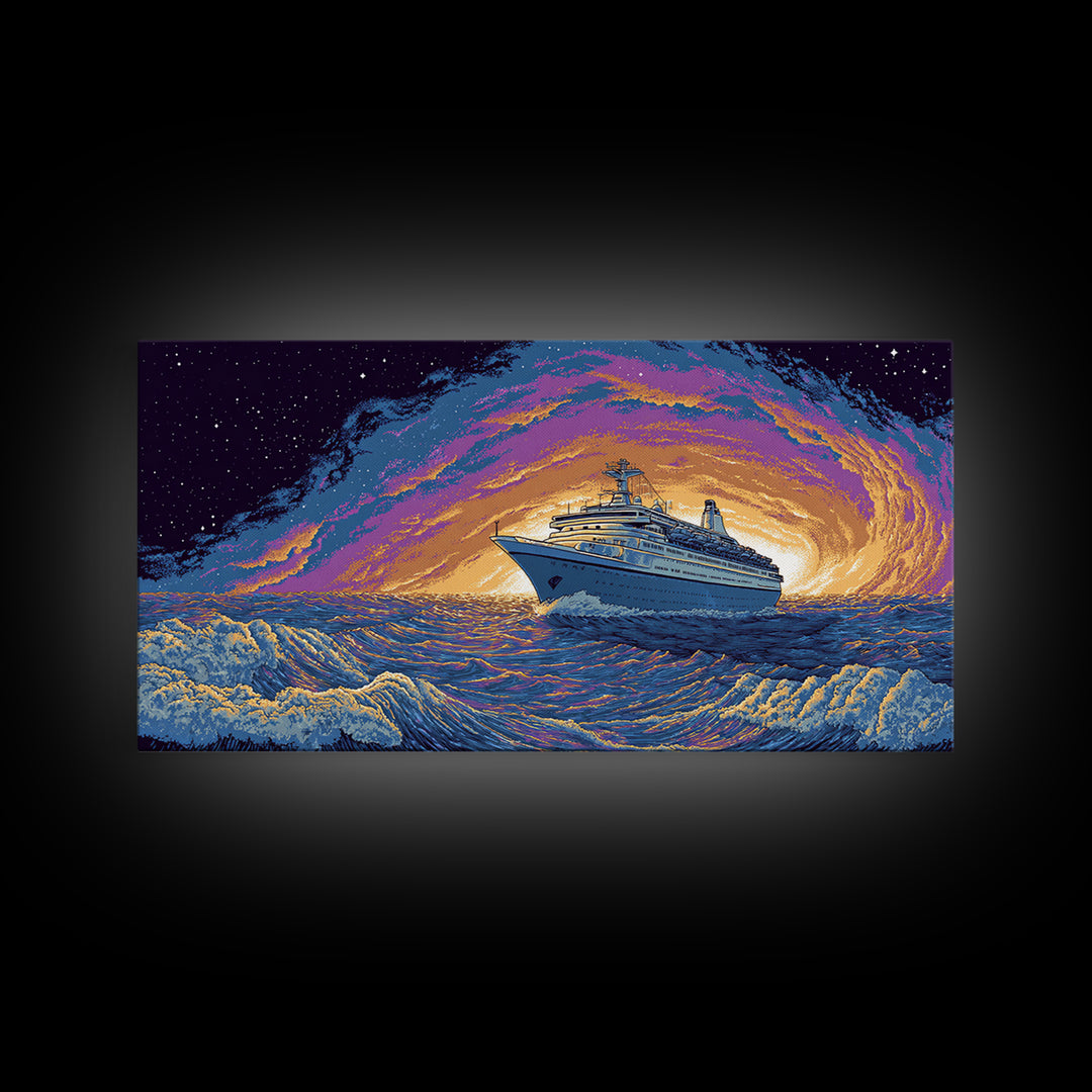 Starry Cruise Ship Vortex Canvas Print, Retro Futuristic Ocean Poster, Purple Orange Wave Wall Decor, Cosmic Nautical Art
