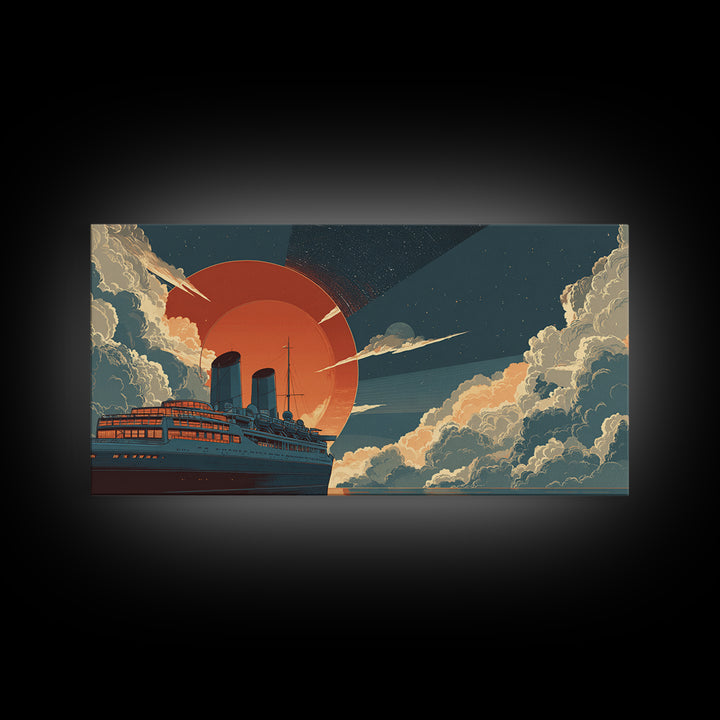 Ocean Liner Red Sun Wall Art, Retro Futuristic Steamship Poster, Art Deco Clouds, Nautical Travel Decor For Living Room Art