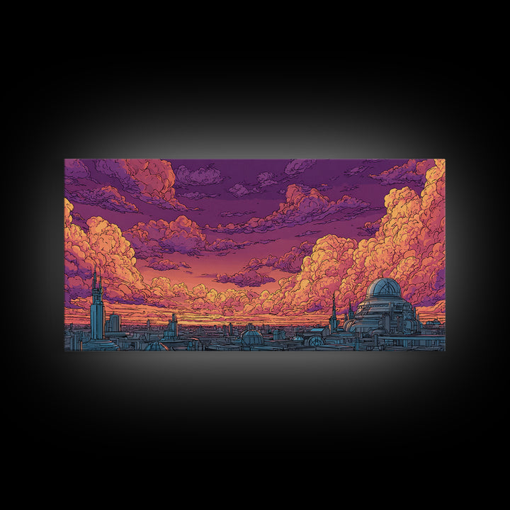 Purple Sunset City Skyline Canvas Print, Retro Futuristic Architecture Poster, Cloudscape Wall Decor, Modern Urban Home Art