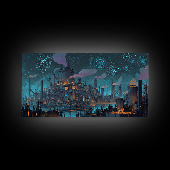 Teal Atomic Industrial Futuristic City Skyline Wall Art, Midcentury Modern Art Print, Retro Sci Fi Office Decor Poster Gift
