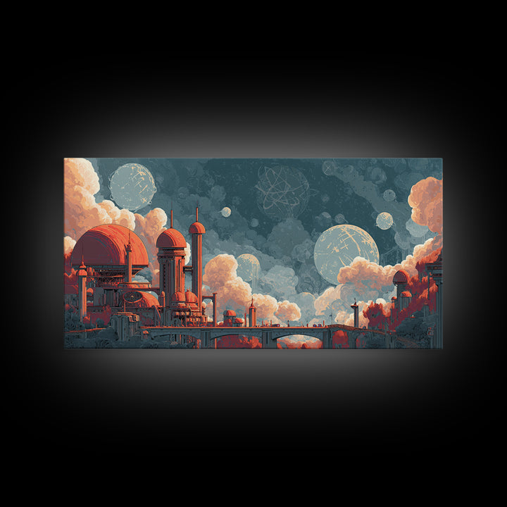Coral Domed Retro Futurist Cloud City Canvas Print, Midcentury Modern Wall Art, Atomic Space Age Living Room Decor Poster Gift