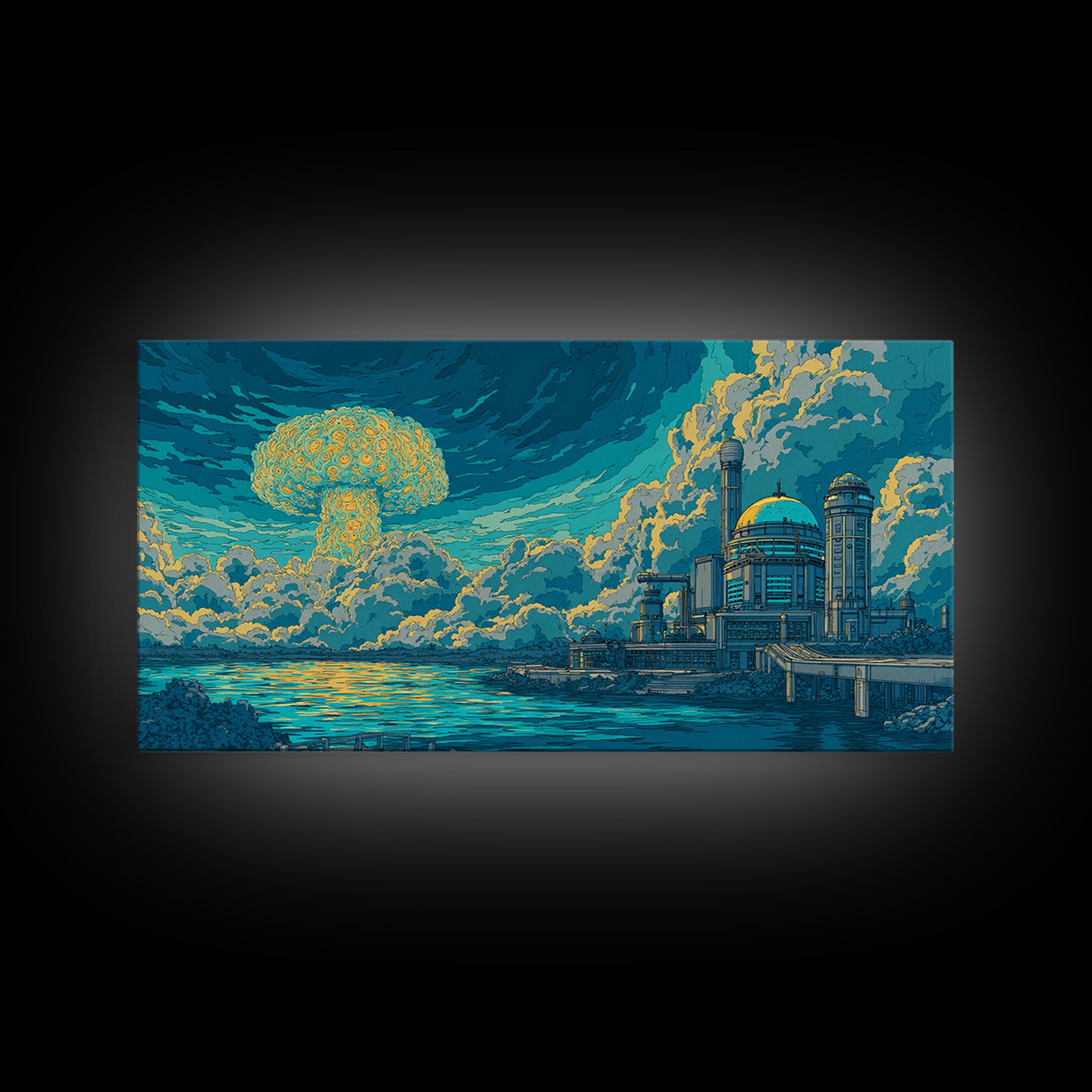 Mushroom Cloud Over Teal Ocean And Dome City Framed Canvas Print, Retro Sci Fi Wall Art, Atomic Midcentury Modern Decor Poster