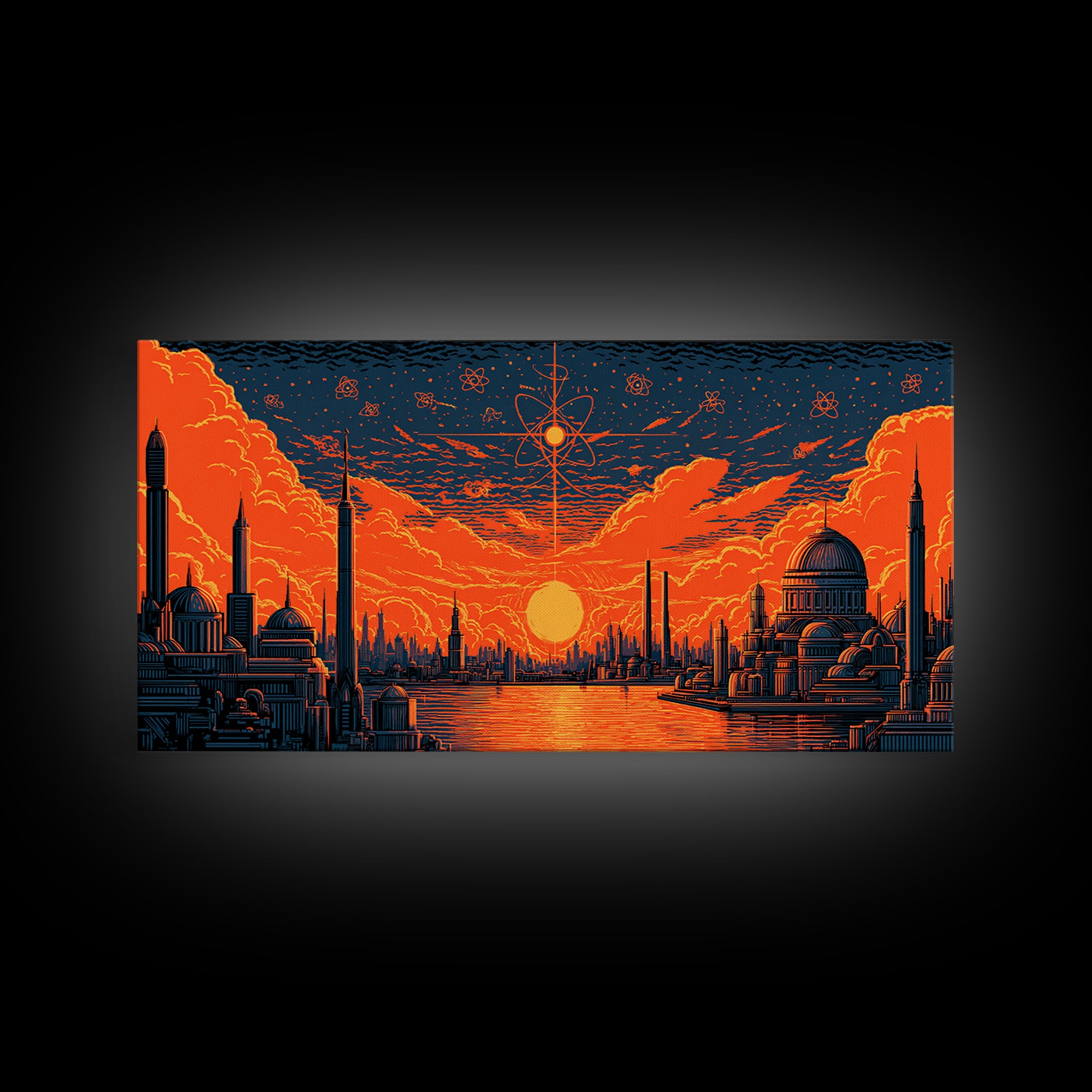 Orange Atomic Sunset Futuristic River Skyline Wall Art, Midcentury Modern Poster, Retro Sci Fi Cityscape Home Office Decor