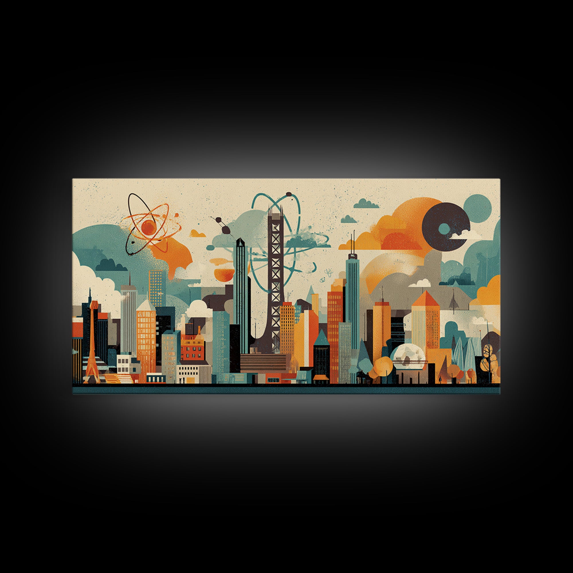 Collage Atomic Bridge City Skyline Canvas Print, Midcentury Modern Wall Art, Geometric Retro Poster, Colorful Office Decor